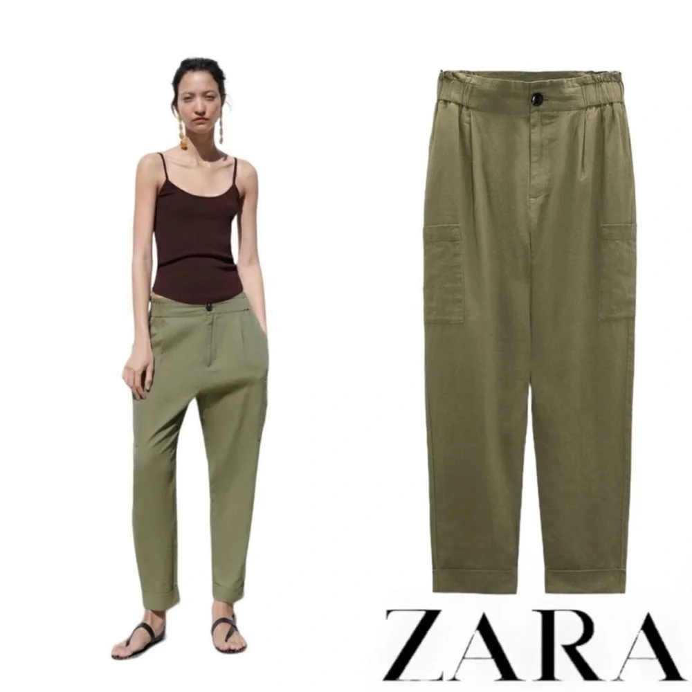 ❤️ Zara Baggy Linen Blend Olive Green Ankle Pants Size 4